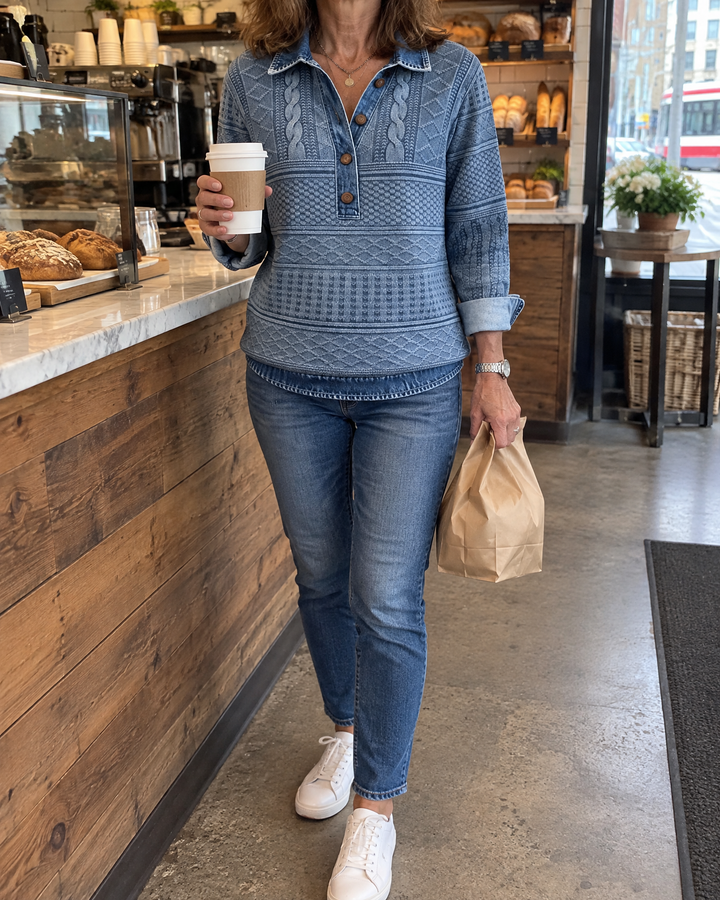 Annelise - Cable-Look Collared Top in blue, worn at a bakery