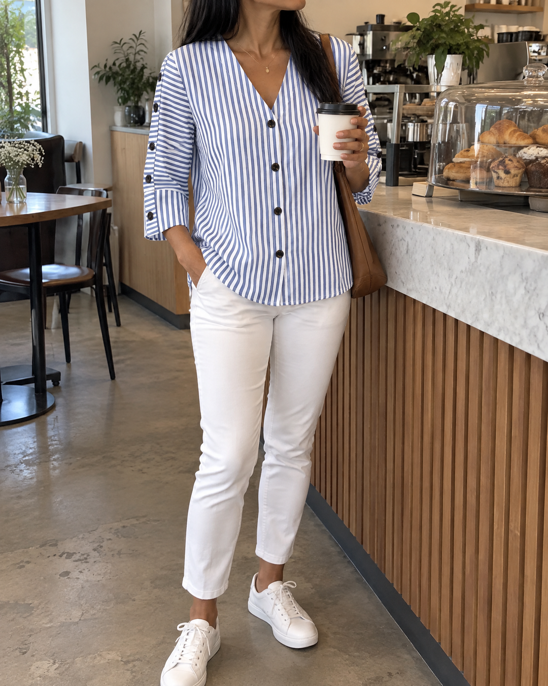 Simone - Button Sleeve Blouse in navy stripe, worn at a cafe
