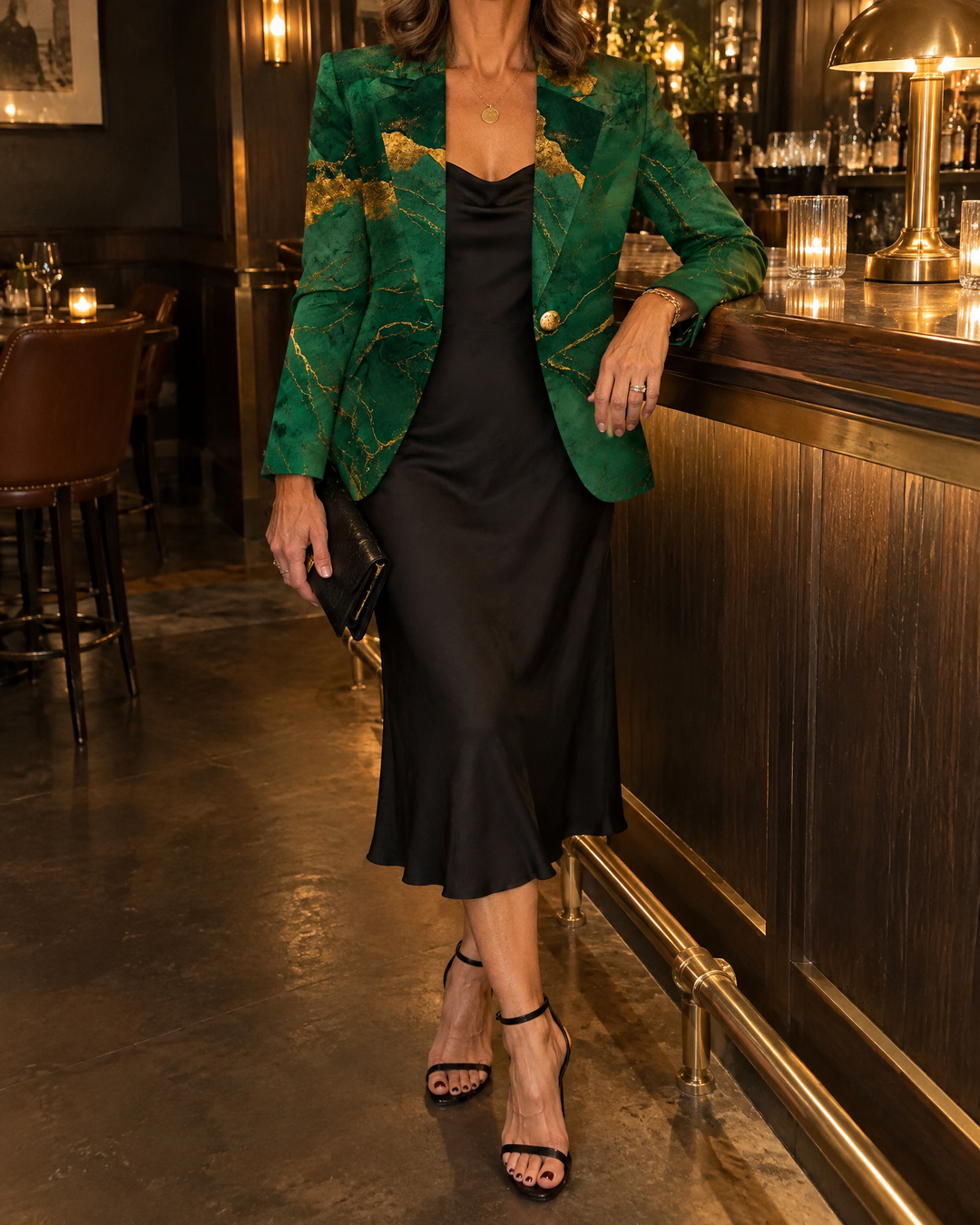 Josephine - Marble Print Blazer in emerald, worn at dinner