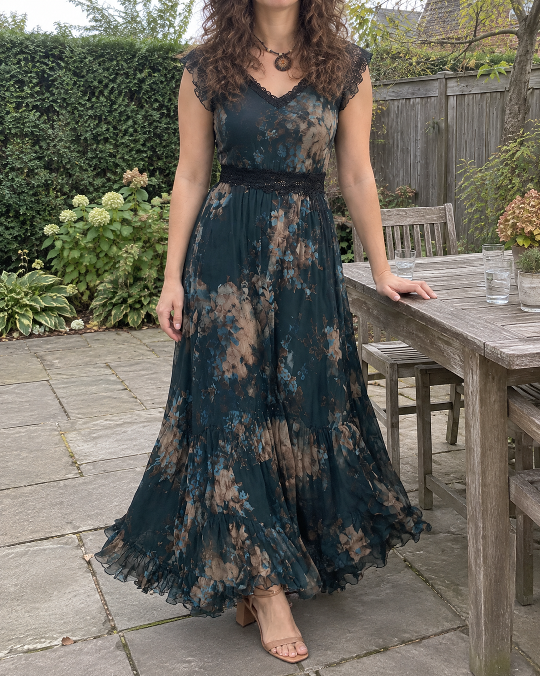 Cosette - Lace Trim Floral Maxi Dress, worn in a garden