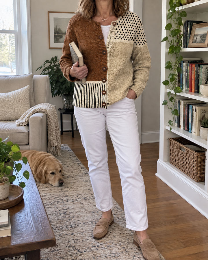 Harriet - Printed Knit-Look Cardigan, worn at home