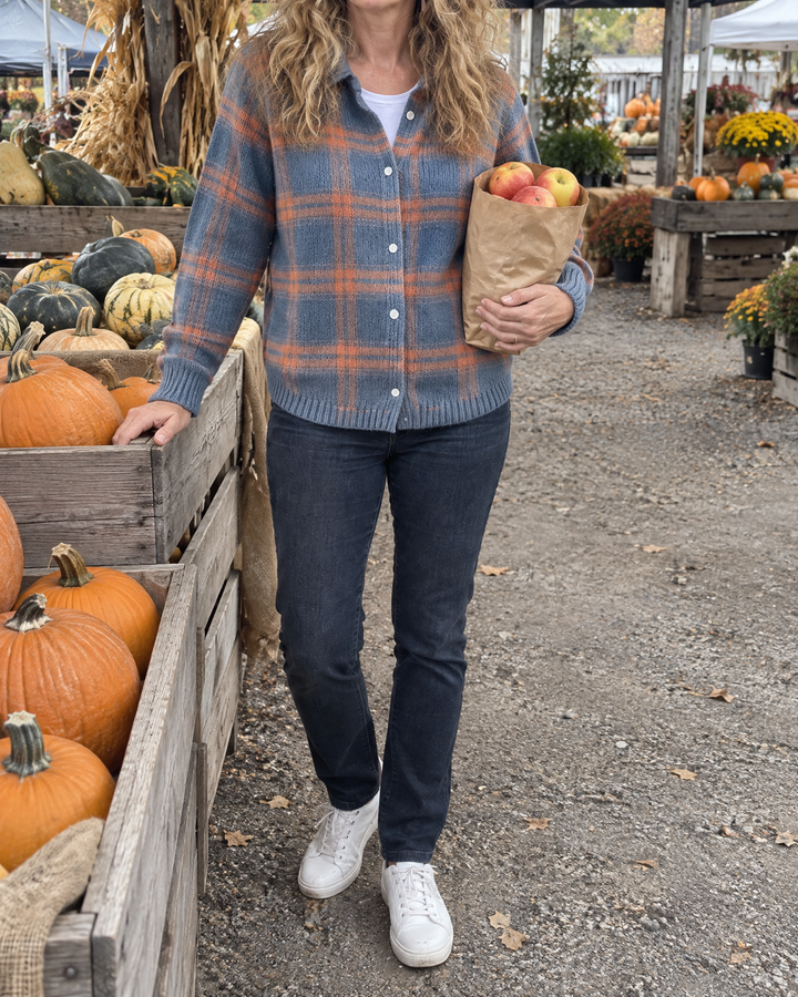 Maude - Plaid Knit Shirt in blue plaid, worn at a fall market