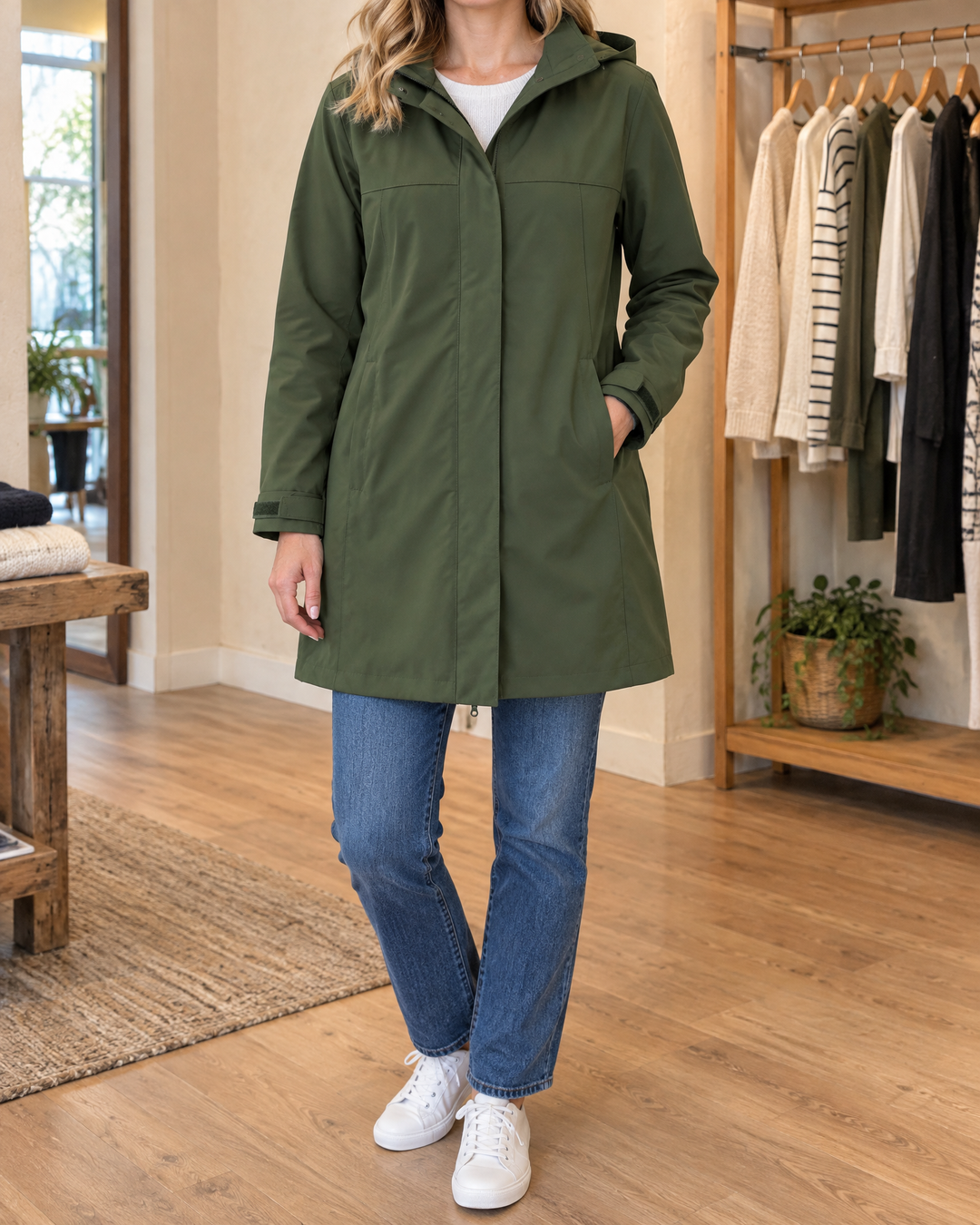 Jacqueline - Water-Repellent Hooded Coat in army green, front view