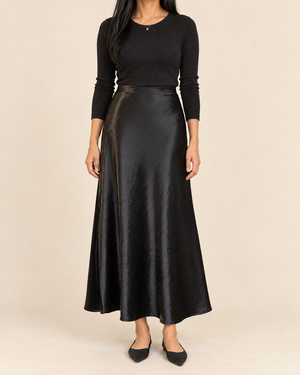 Noemie - High Waist Satin Skirt in black, front view