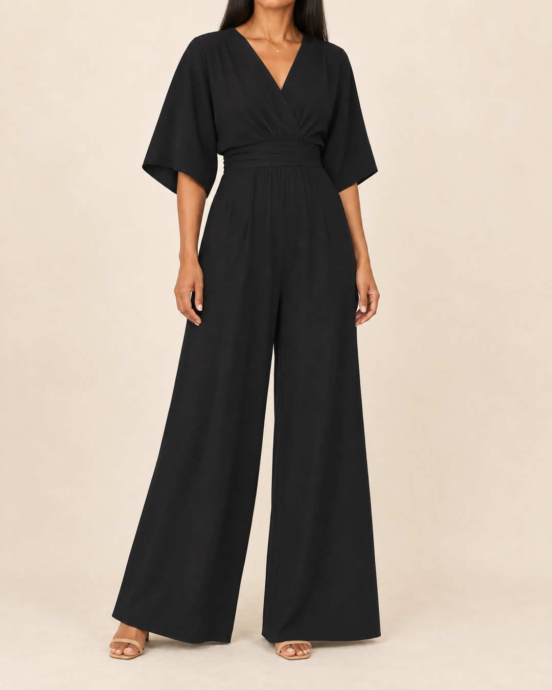 Eleonore - Kimono Sleeve Wide Leg Jumpsuit in black, front view