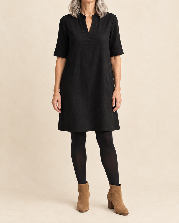 Irene - Notch Neck Shift Dress in black, front view