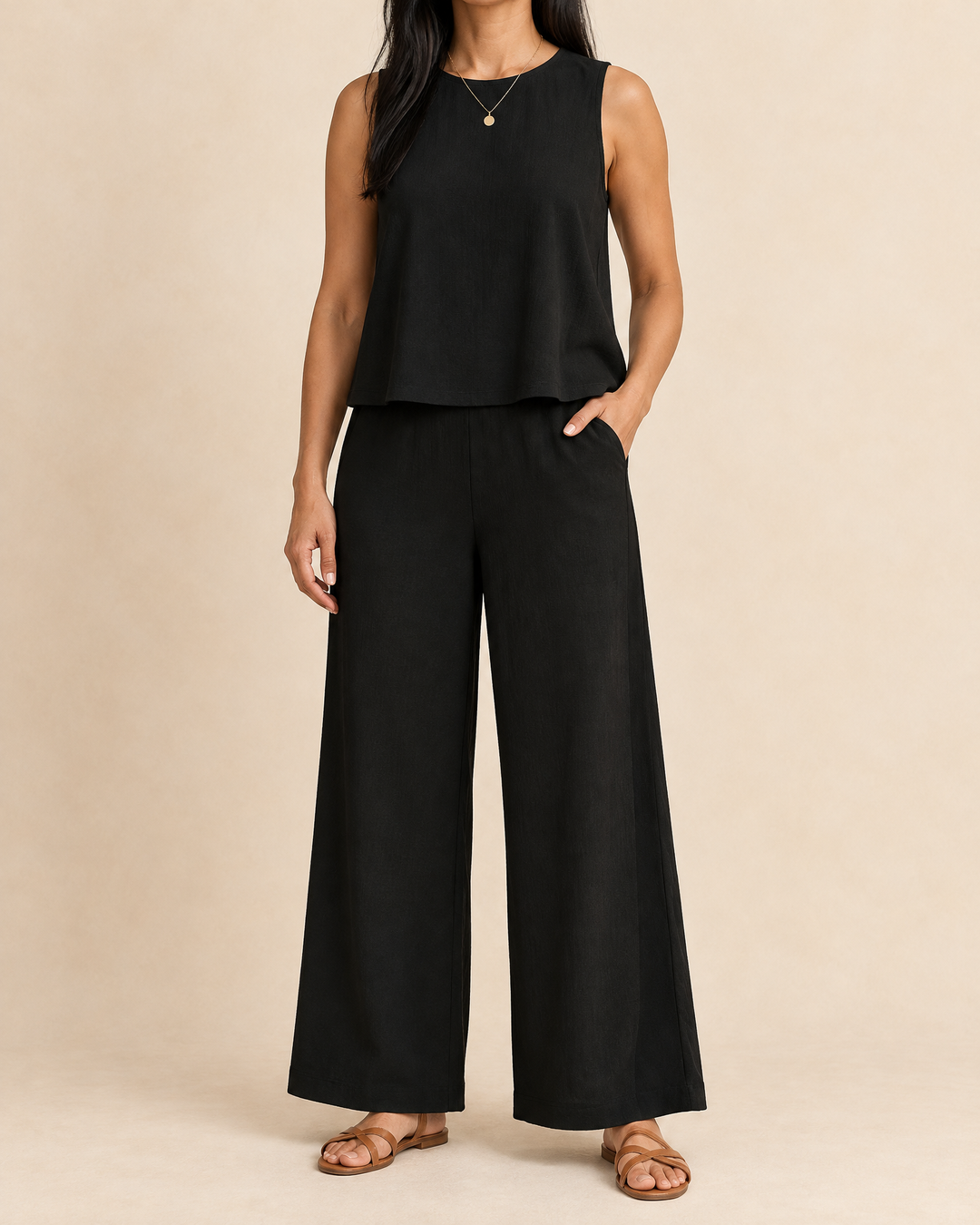 Noelle - Sleeveless Top and Wide Leg Pants Set in black, front view