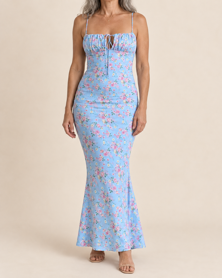Adele - Floral Cami Fishtail Maxi Dress in blue floral, front view