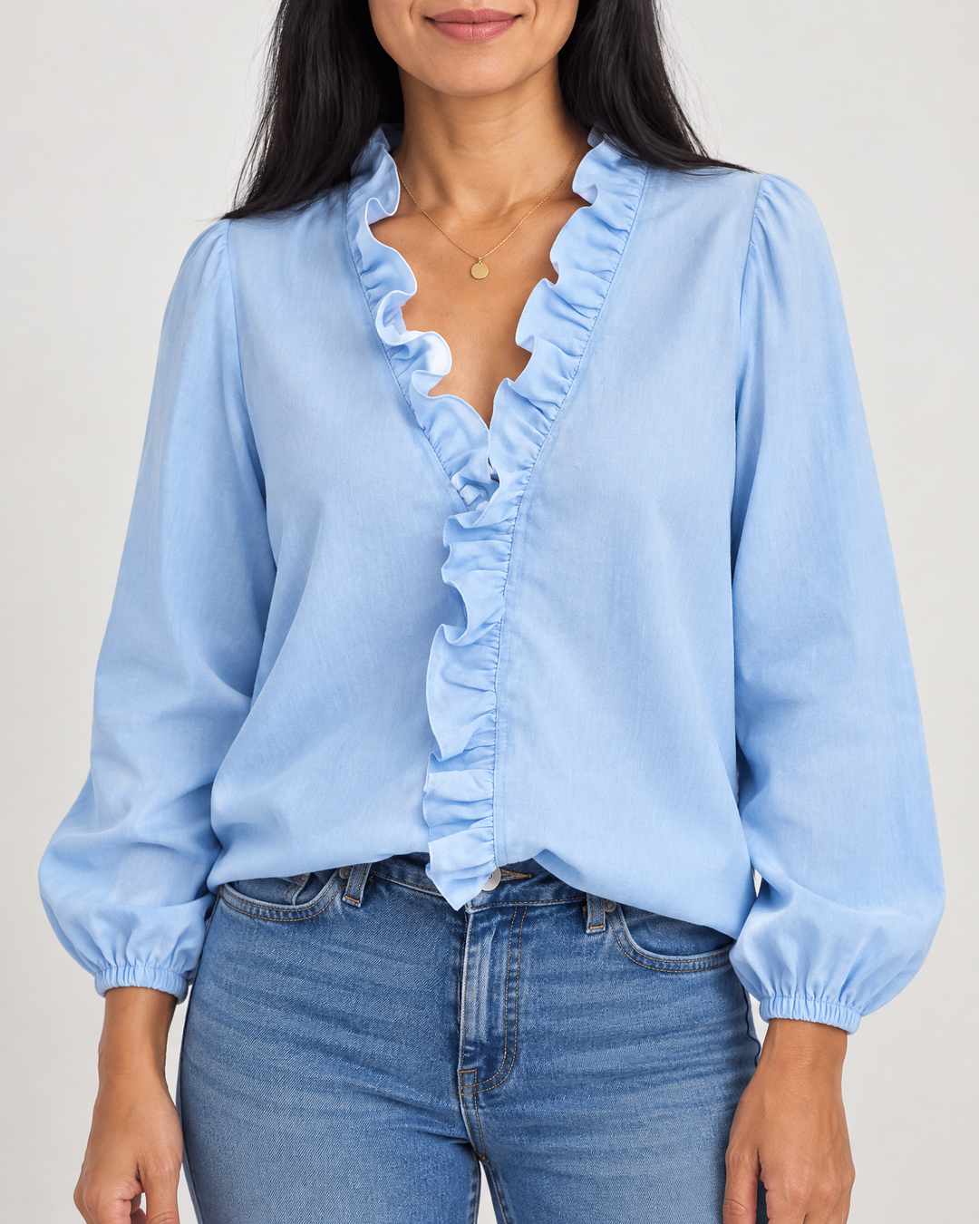 Celine - Ruffle Front Shirt in blue, front view