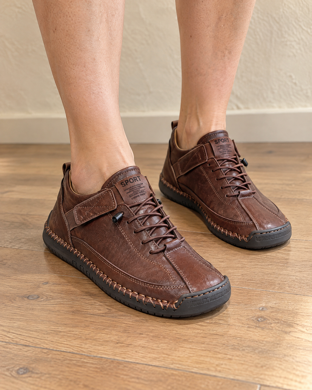 Lison - Easy-On Stitched Sneakers in brown, front view
