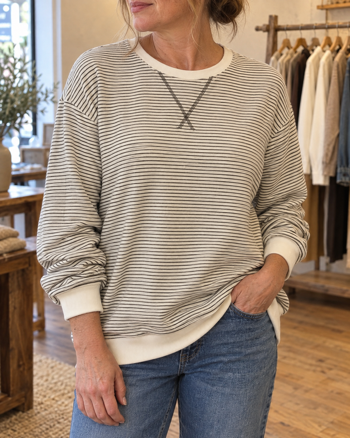 Charlotte - Fine Stripe Pullover in brown, front view