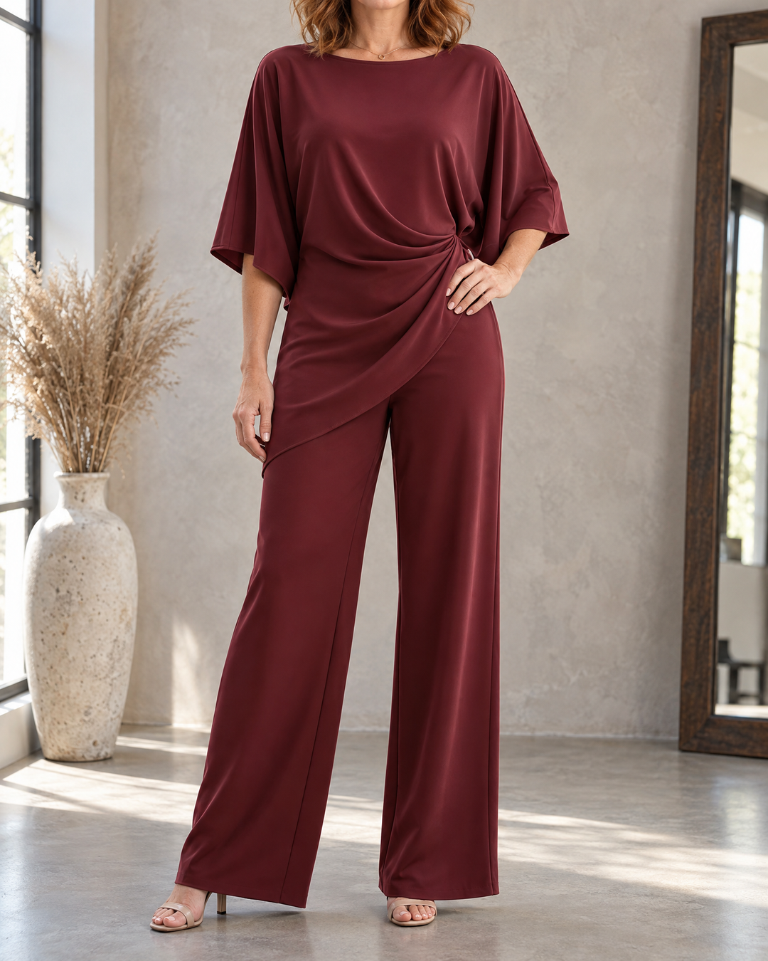 Celeste - Draped Two-Piece Set in burgundy, front view
