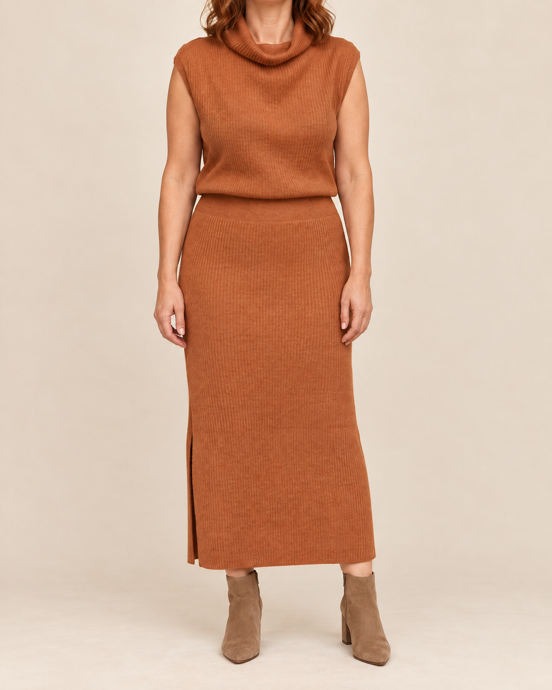 Berenice - Sleeveless Turtleneck Knit Set in caramel, front view
