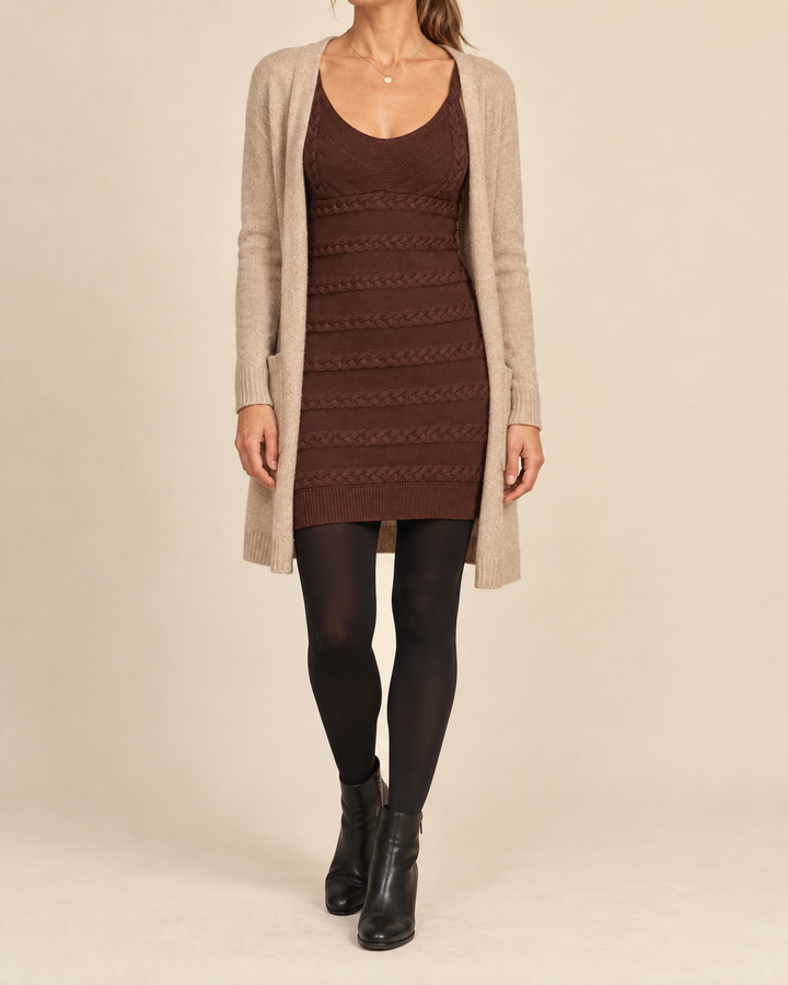 Edith - Cable Knit Cami Mini Dress in coffee, front view