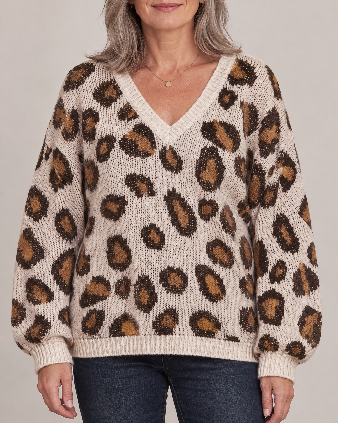 Paulette - Leopard V-Neck Sweater in cream, front view