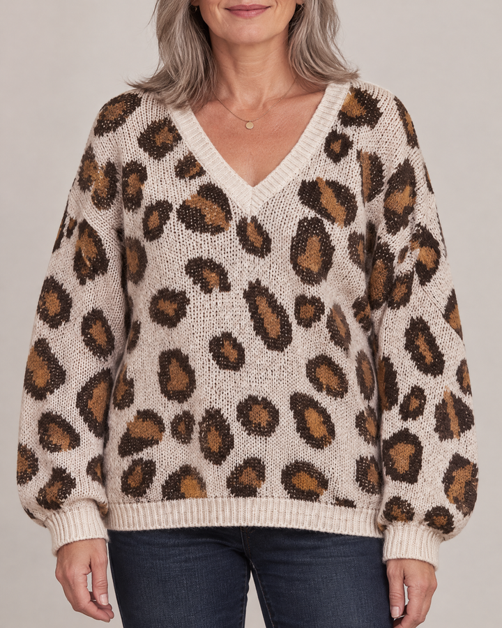 Paulette - Leopard V-Neck Sweater in cream, front view