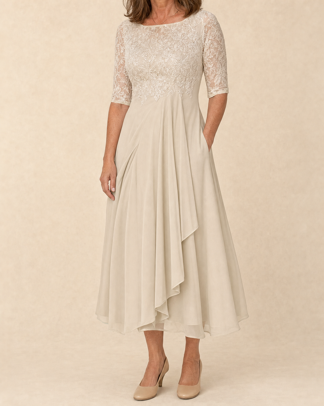 Odette - Elegant Dress in cream, front view