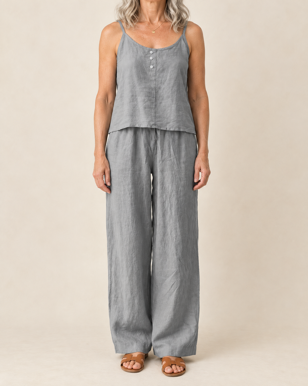 Odile - Cotton Linen Cami Set in dark grey, front view