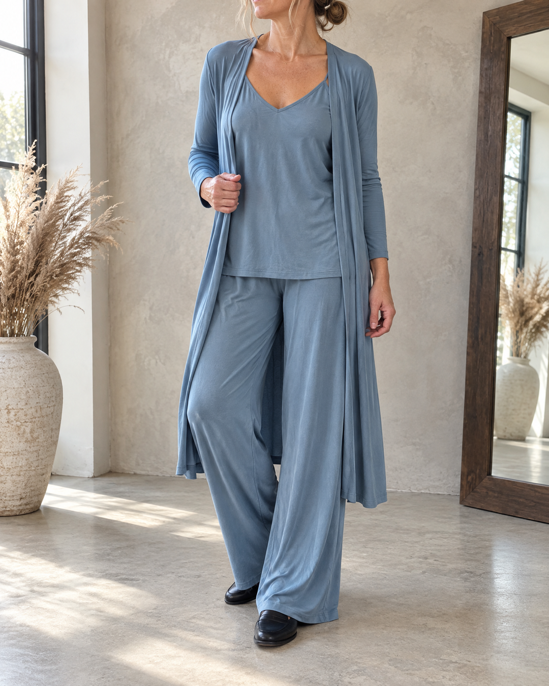 Ninon - Three-Piece Cardigan Set in dusty blue, front view