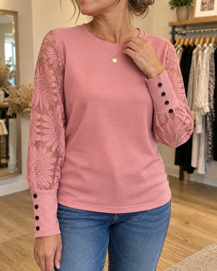 Laurine - Lace Sleeve Waffle Top in dusty pink, front view