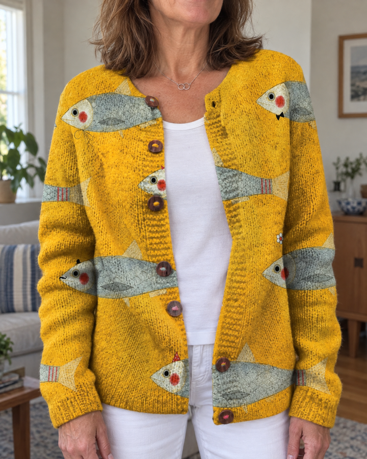 Harriet - Printed Knit-Look Cardigan, Mustard Fish print, front view