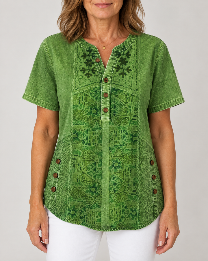 Ottilie - Art Print Henley Top in green, front view