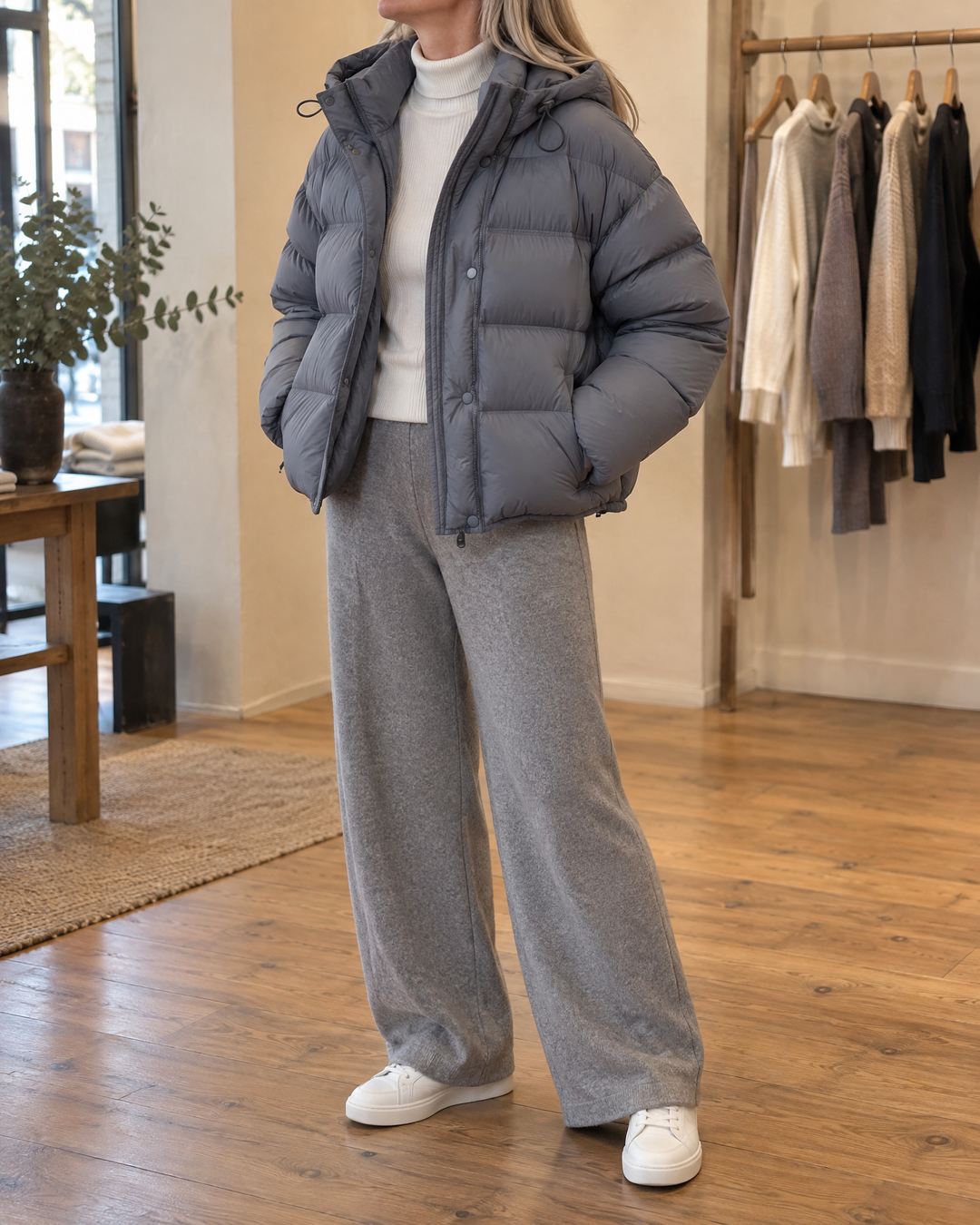 Annabelle - Hooded Down Puffer in grey, front view