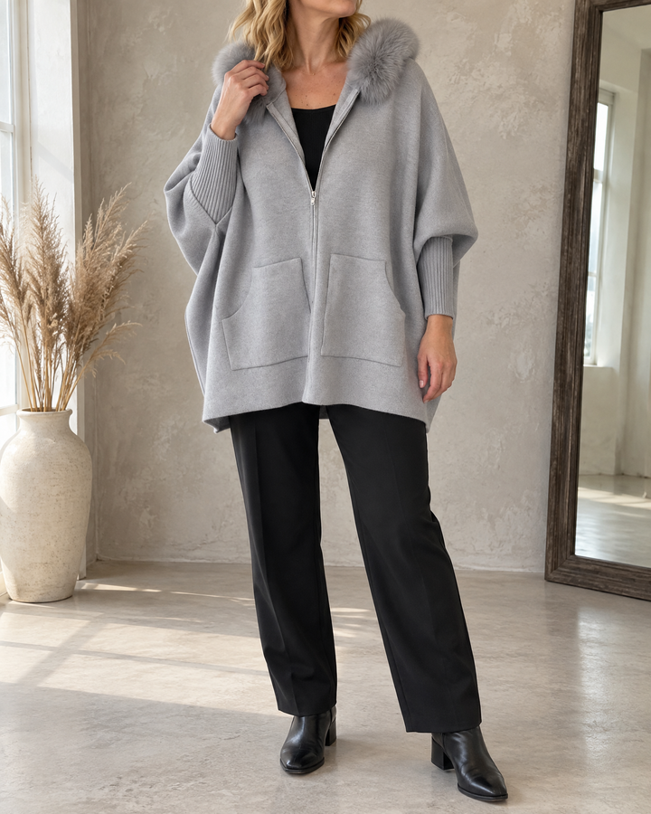 Liliane - Plush Collar Knit Cape in grey, front view