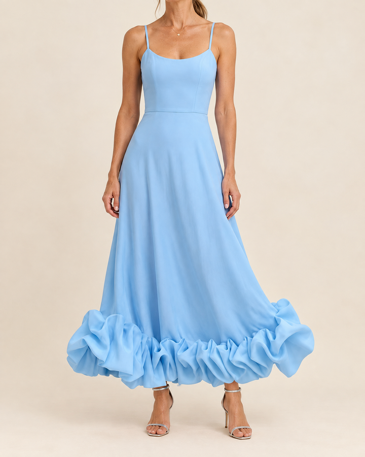 Rosine - Ruffle Hem Cami Maxi Dress in light blue, front view