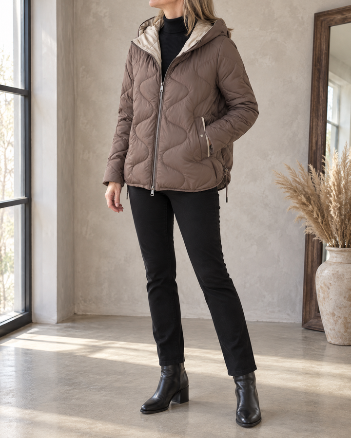 Carole - Wave Quilted Hooded Jacket in mocha, front view
