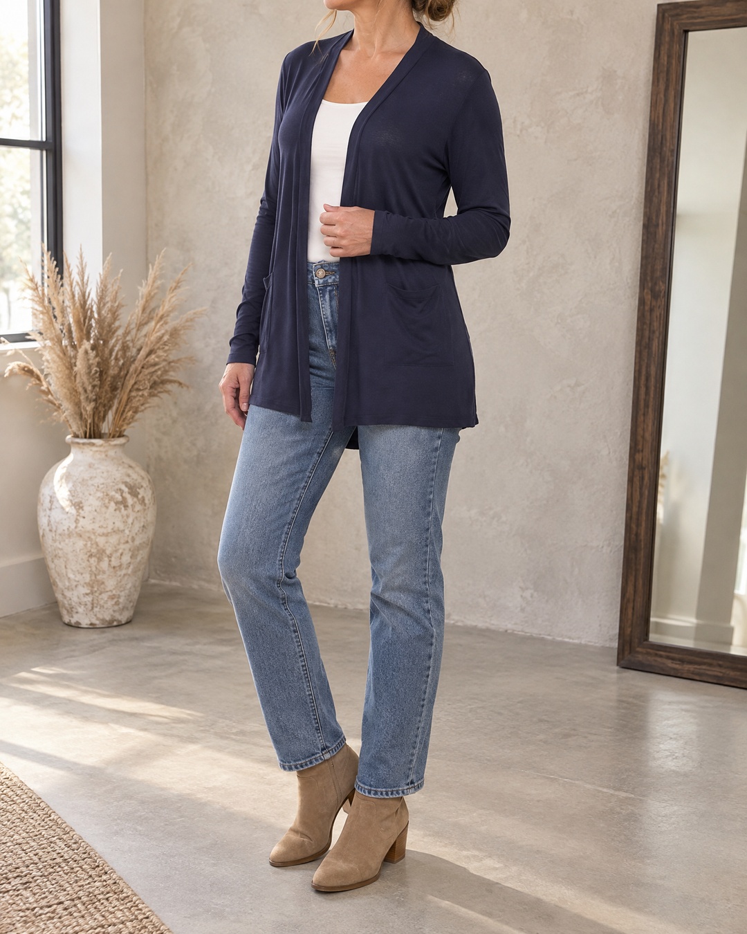 Nicolette - Longline Pocket Cardigan in navy, front view