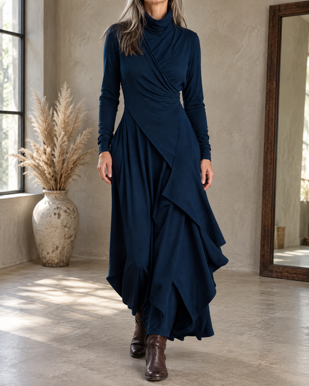 Sylvie - Draped Turtleneck Maxi Dress in navy, front view