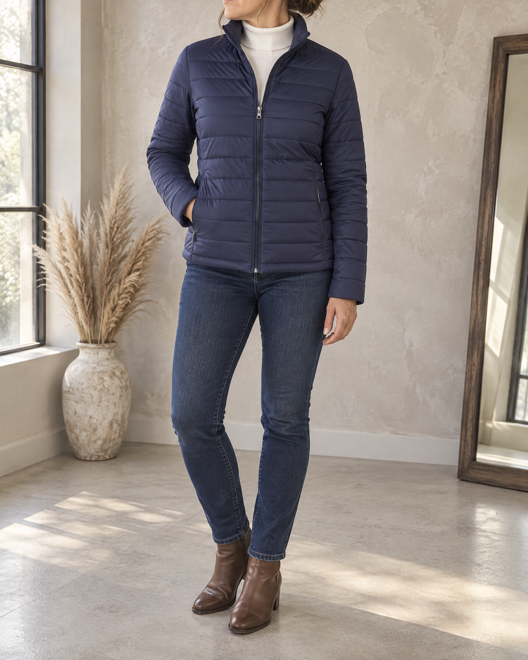 Alice - Fleece Lined Quilted Jacket in navy, front view