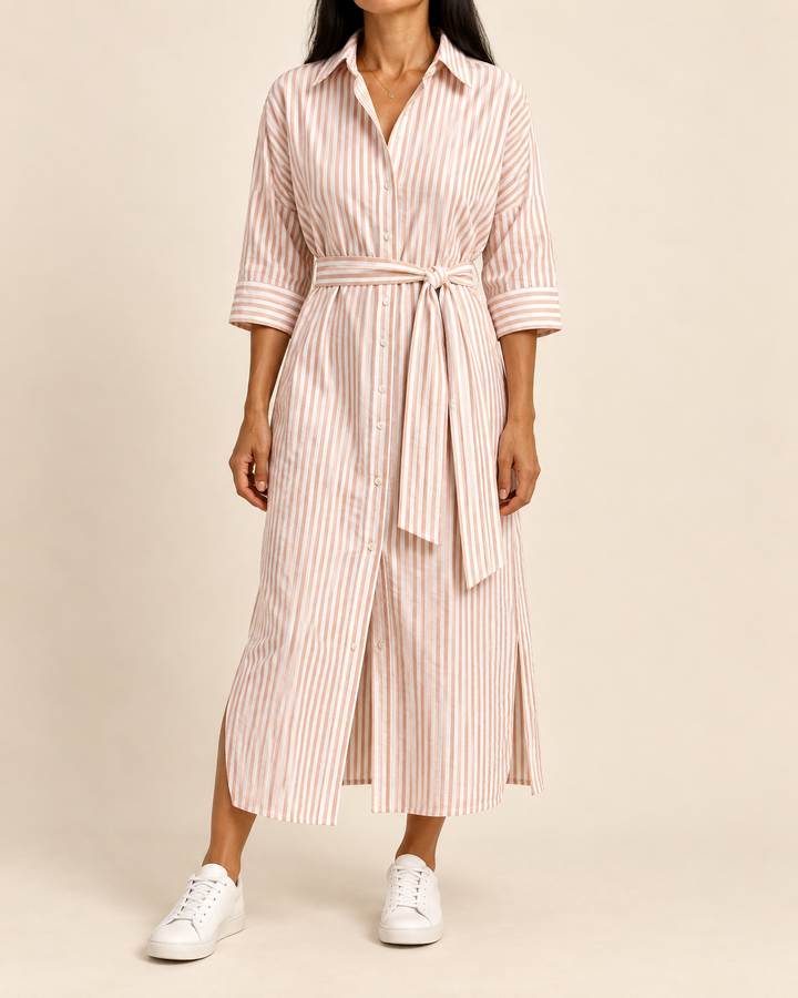 Laure - Belted Striped Shirt Dress in pink stripe, front view