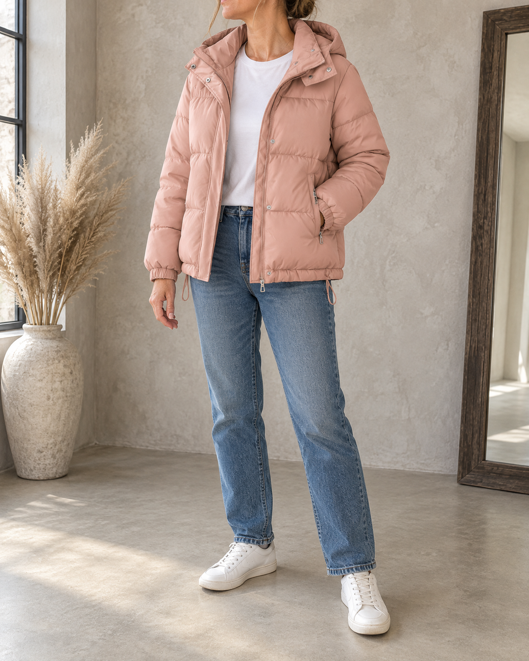 Audrey - Hooded Puffer Jacket in pink, front view
