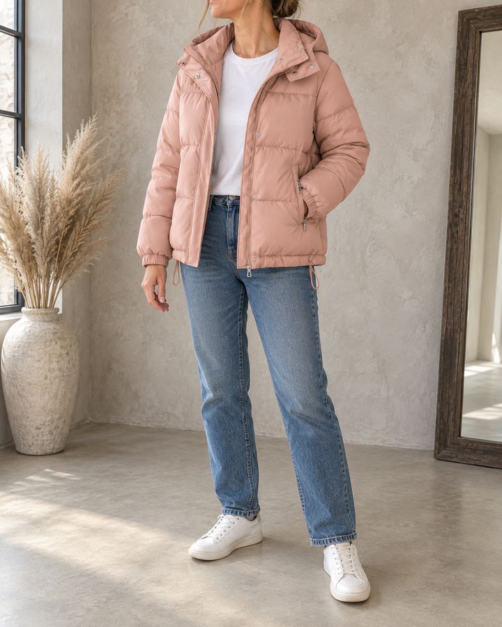 Audrey - Hooded Puffer Jacket in pink, front view