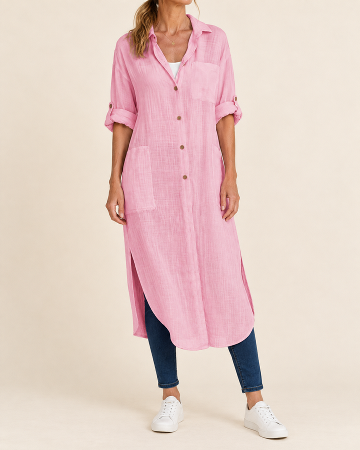 Madeleine - Cotton Shirt Dress in pink, front view