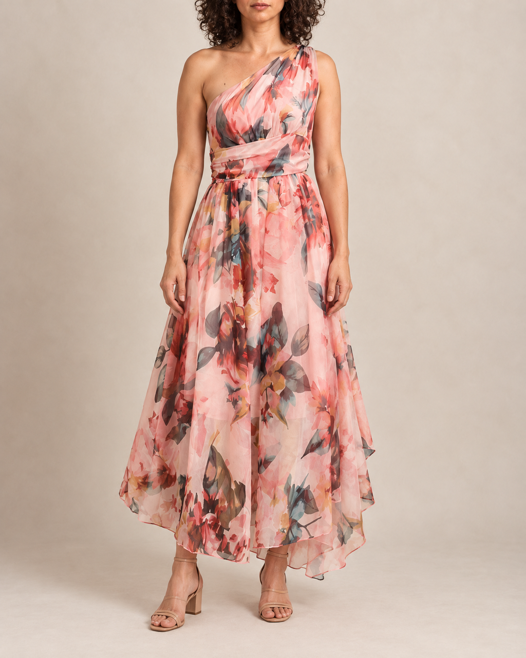 Giselle - One-Shoulder Floral Maxi Dress in pink, front view