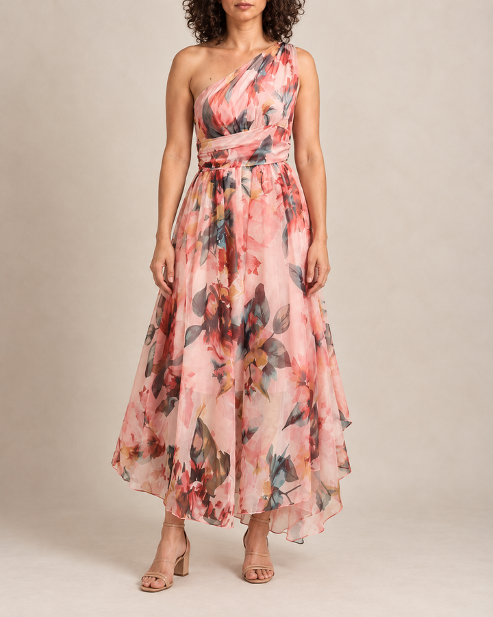 Giselle - One-Shoulder Floral Maxi Dress in pink, front view