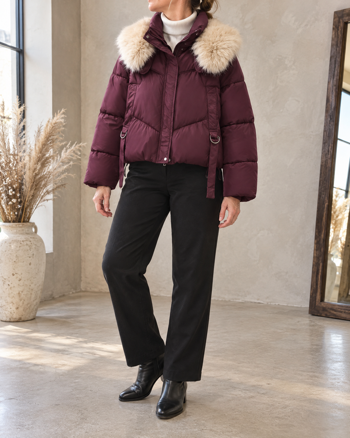 Chloe - Faux Fur Shawl Collar Puffer in plum, front view