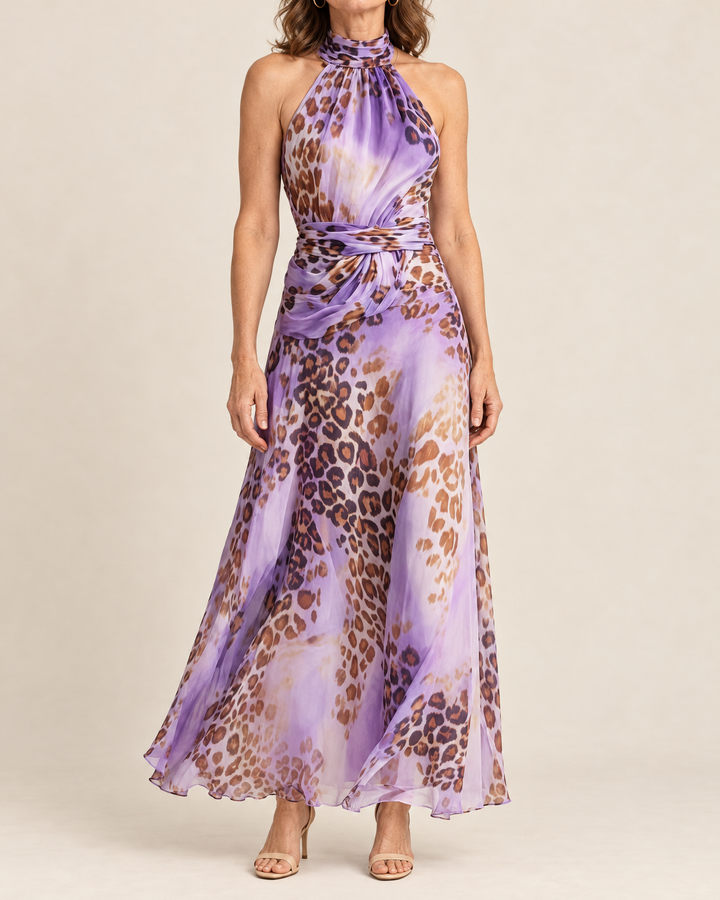 Leonie - Leopard Halter Maxi Dress in purple, front view