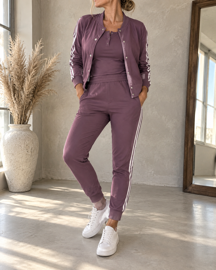Sandrine - Striped Three-Piece Set in purple, front view