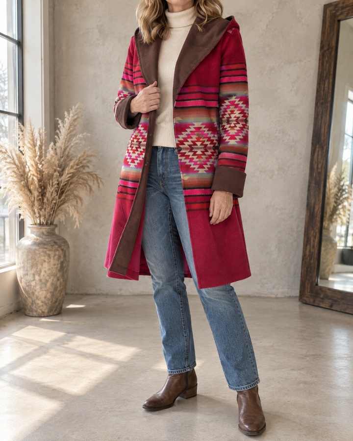 Nicole - Hooded Geometric Print Coat in red, front view