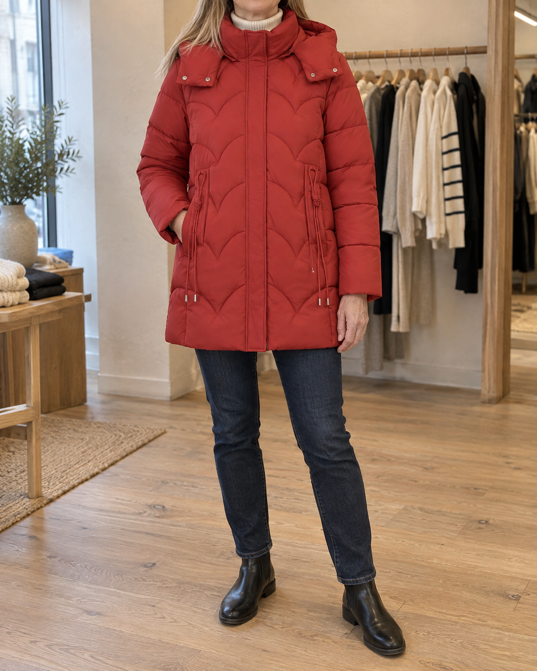 Esther - Wave Quilted Puffer Coat in red, front view