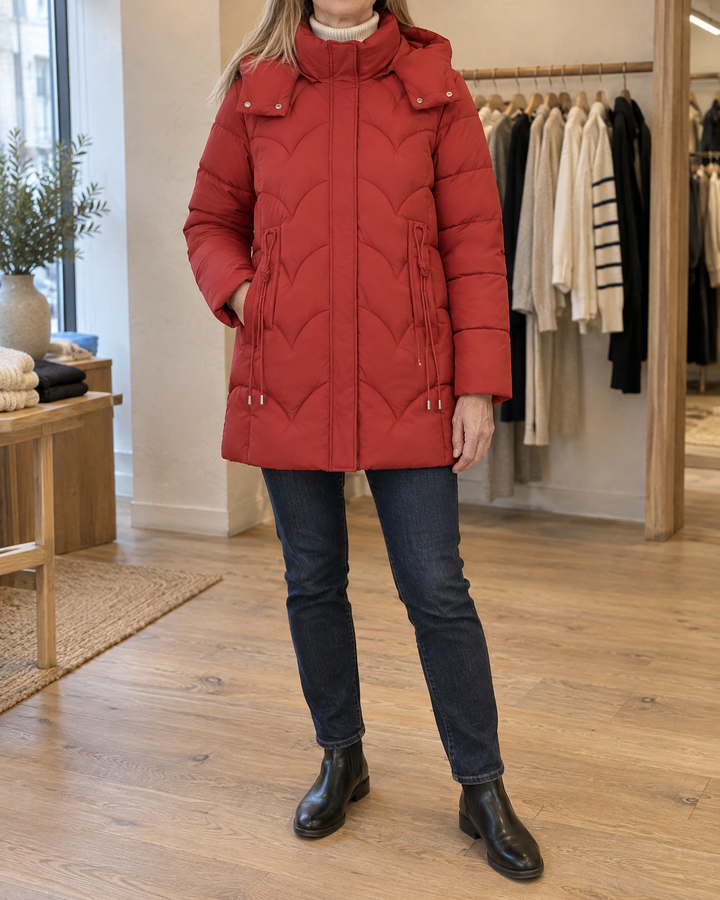 Esther - Wave Quilted Puffer Coat in red, front view