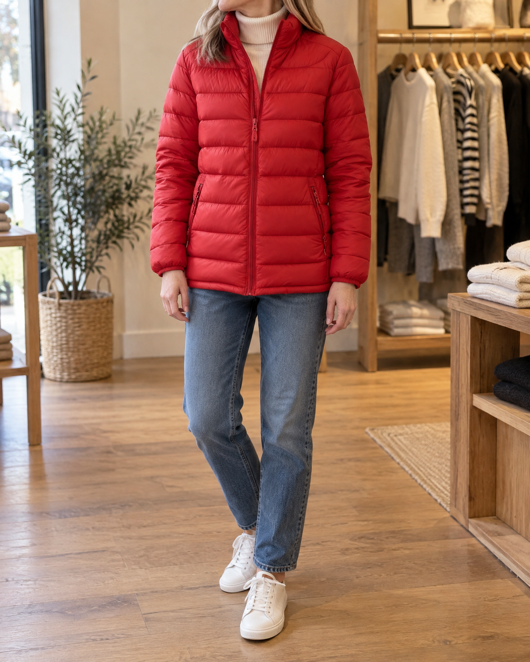 Adeline - Stand Collar Puffer Jacket in red, front view