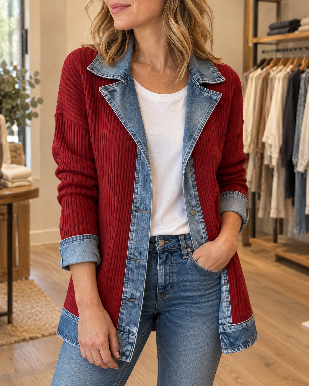 Clarisse - Knit and Denim Jacket in red, front view