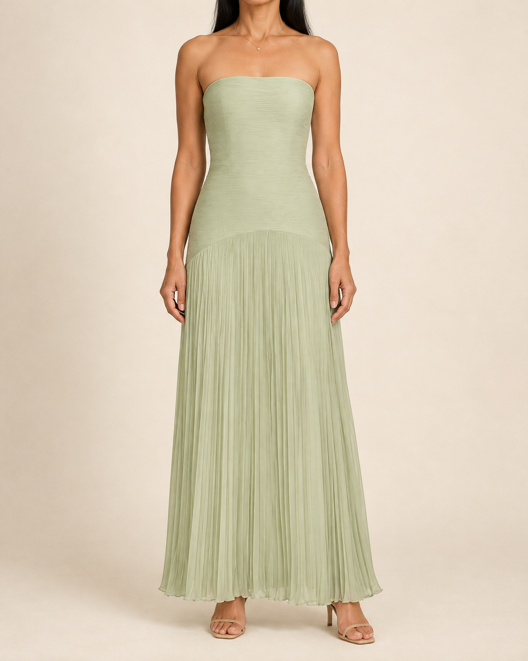 Theodora - Strapless Pleated Maxi Dress in sage, front view