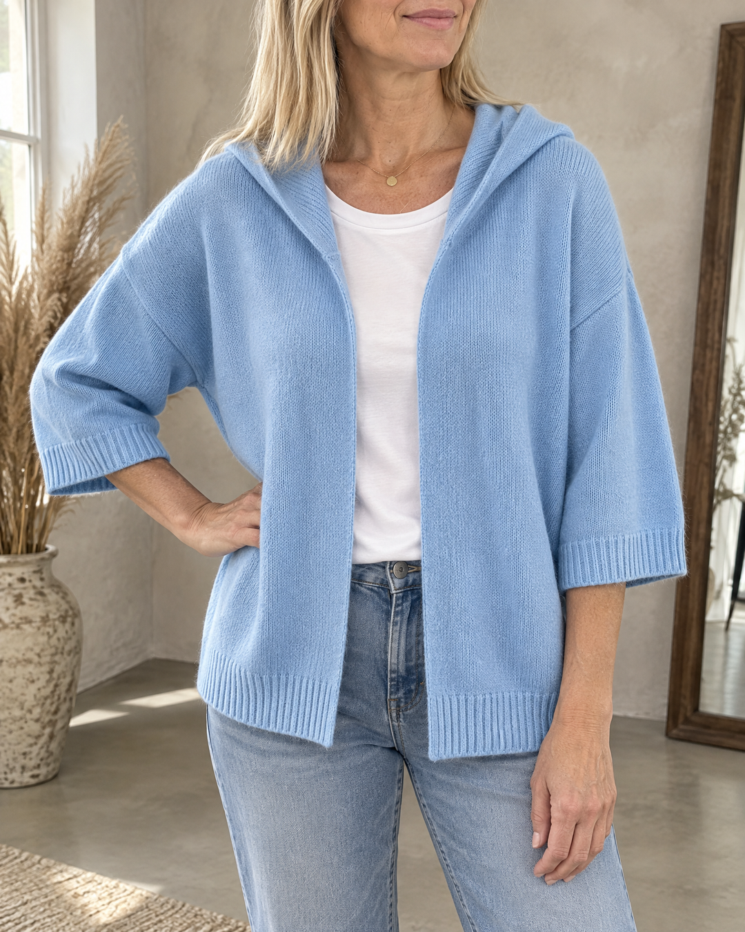 Viviane - Hooded Open-Front Cardigan in sky blue, front view