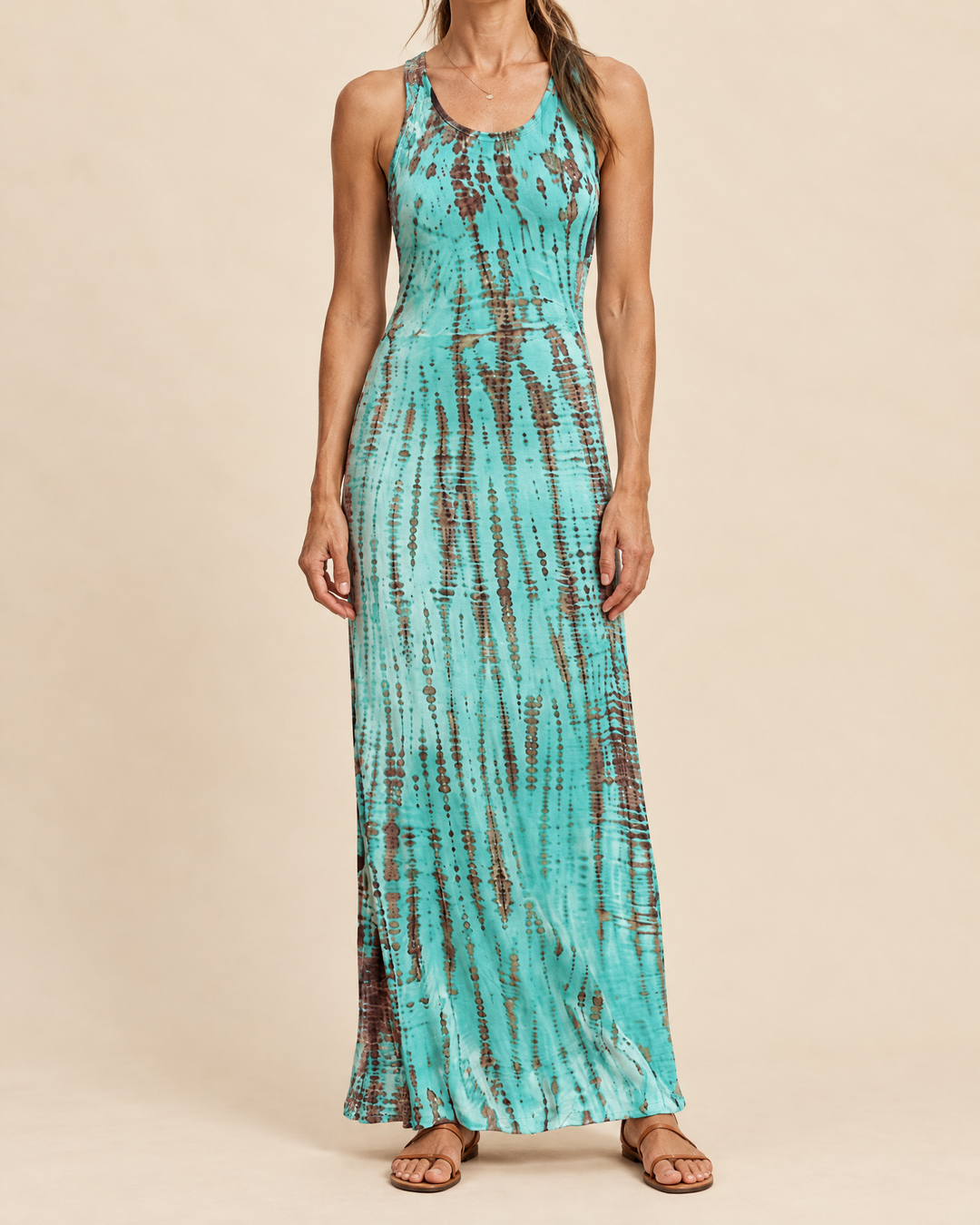 Melisande - Tie Dye Open Back Maxi Dress in teal, front view